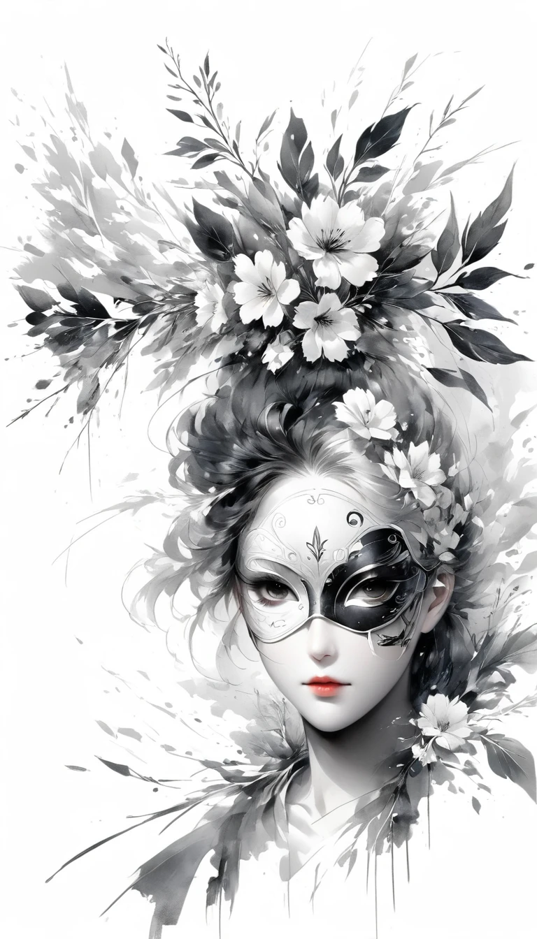 (Anime line drawing:1.5)，(black and white painting:1.45)，Minimalism，(line art:1.6)，sketch，Charcoal drawing，mask，flower