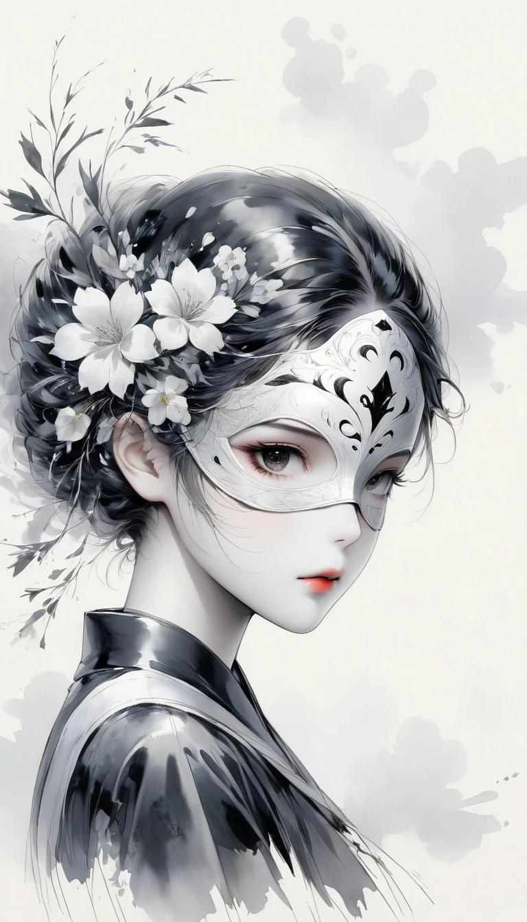 (Anime line drawing:1.5),(black and white painting:1.45),Minimalism,(line art:1.6),sketch,Charcoal drawing,mask,flower