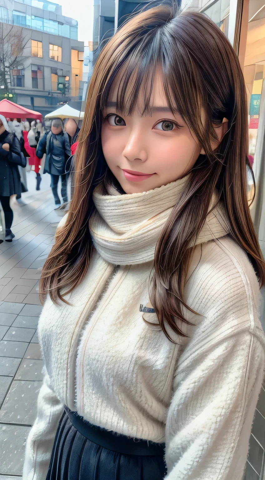 (8K,masterpiece, Raw photo,highest quality:1.4),(photo-realistic:1.2),(extremely detailed face),(shiny skin),(fine skin),(detailed face),(very beautiful face),1 girl,looking at the viewer,japanese idol(actress), brown hair,medium hair,straight hair,asymmetrical bangs,smile,Glamour,big breasts, (fleece jacket, turtleneck sweater, pleated skirt, scarf:1.3) ,christmas market,face focus,Natural light