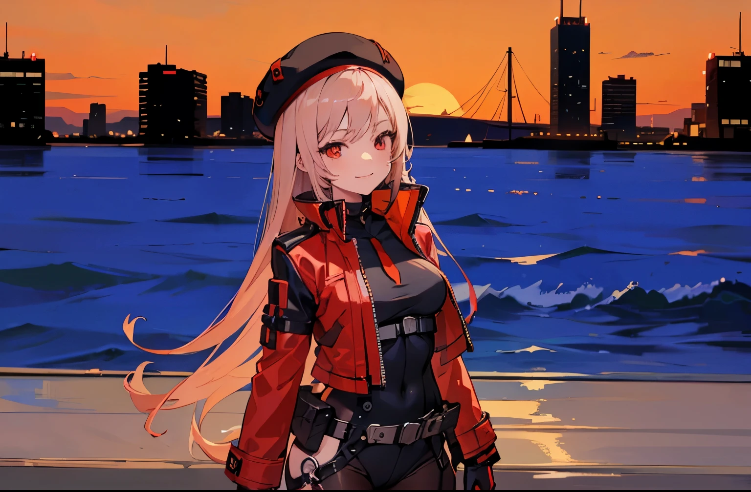 (Good anatomy, best quality, anime style, 4k) Rapi (Nikke), long hair, looking you, little smile, black and red beret, black bodysuit, red jacket, red belt, black legwears, sea at sunset, city behind, colorful