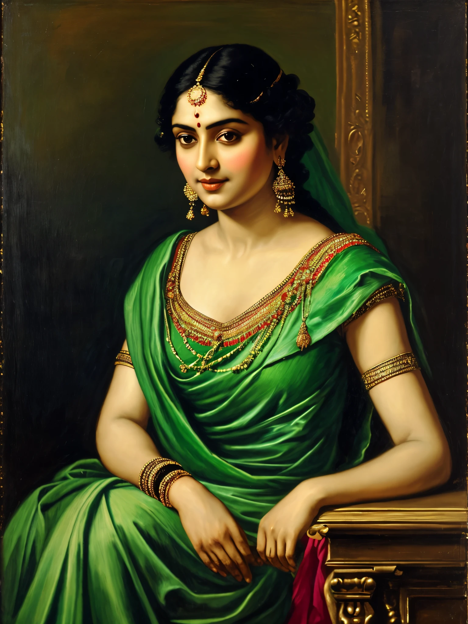 Masterpiece, painting of a woman in a blue dress with a red top and gold jewelry, inspired by Raja Ravi Varma, portrait of a beautiful goddess, by Raja Ravi Varma, a stunning portrait of a goddess, szukalski ravi varma, traditional beauty, indian goddess, beautiful goddess, portrait of modern darna, portrait of a goddess, goddess portrait, perfect body, proportional body, perfect body posture, masterpiece, Indian sensibility, exotic Indian art, 