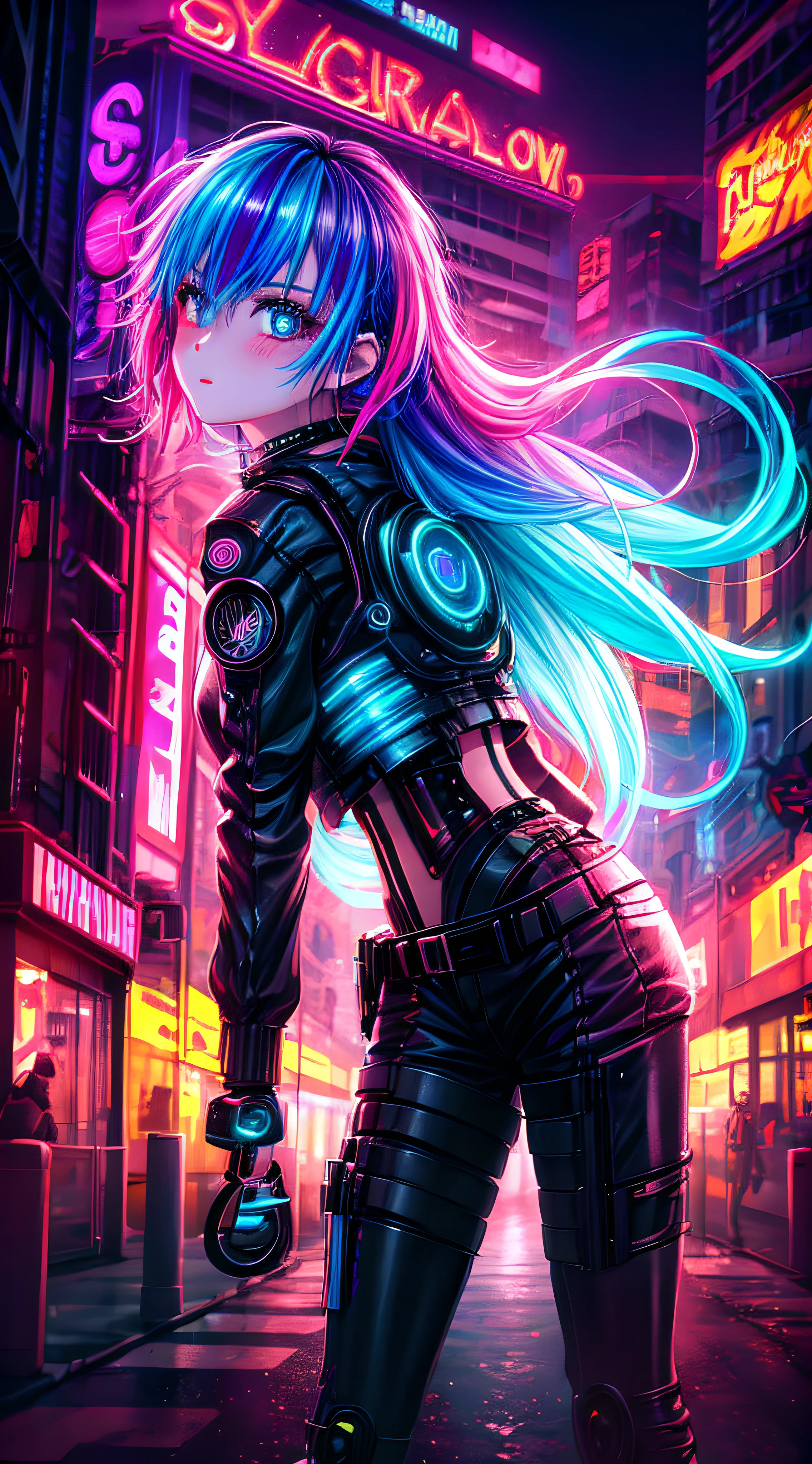 1 girl,Creative hairstyles,rainbow hair,city street,Fisheye,Neon cold light lighting, cyberpunk, blush, waist shot,Detailed facial details,dynamic poses, edge light,