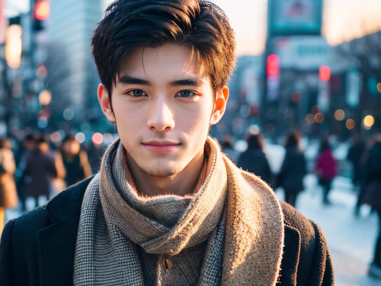 Realism, 8K full body portrait, a handsome guy, 20 year old man, charming expression, Detailed facial details, Tokyo eight cities, Winters, Shibuya background