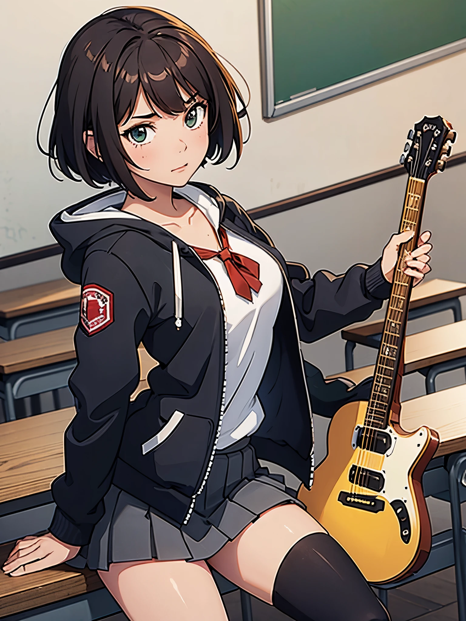 1girl, high school student, dark brown hoodie jacket, white shirt, red ribbon bow necktie, pleaded skirt, miniskirt, bare legs, black socks, brown shoes, jet black hair, short hair, green eyes, beautiful detailed eyes, beautiful detailed face, cute face, medium breasts, -18, solo, solo focus, (playing guitar, electric guitar), classroom backdrop, warm lighting, empty classroom