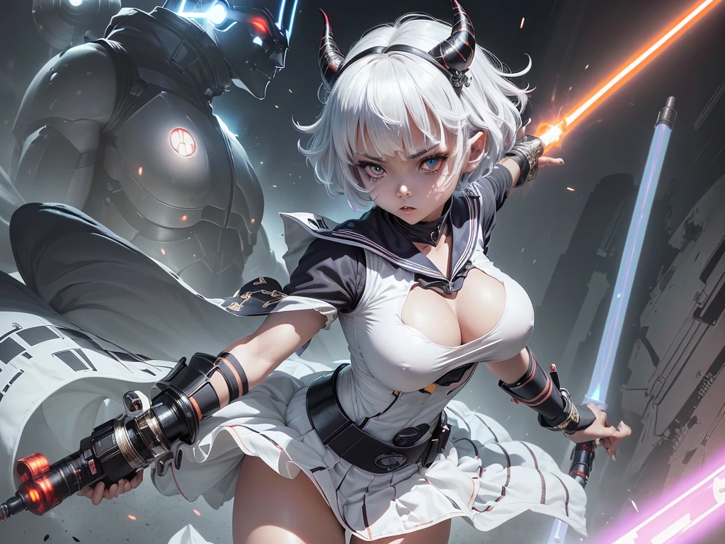 (Black and white Anime Line Art)(Line Art) (extreme complexity, two subjects unique and individual) (subject 1:A sexy Sith Warlord (alien, big breasts, no hair many small horns instead, demon eyes, many fierce and evil tattoos, small fighting costume, looks unhinged, wielding a evil light saber)) is challenging a (subject 2: Japanese Jedi woman (big butt, small breasts, sailor school outfit with scifi gadgets, short hair, big eyes, calm and composed, masterfully wielding her light saber)), set in a sci-fi high technology building