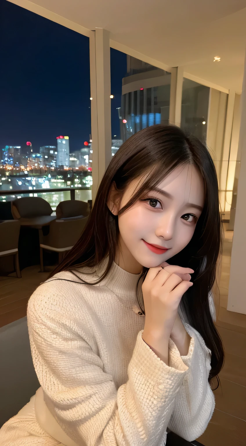 table top, highest quality, shape, Super detailed, finely, High resolution, 8k wallpaper, perfect dynamic composition shape, beautiful and detailed eyes, Luxury mink coat(Long Sleeve Dress Siumu Hair, small breasts, natural color lip, random sexy pose,smile,big city、20 year old girl、midnight、Beautiful and dense face、perfect and beautiful face,Big eyes、real photos(best image quality)、Standing position、Shooting from above the knee towards the face