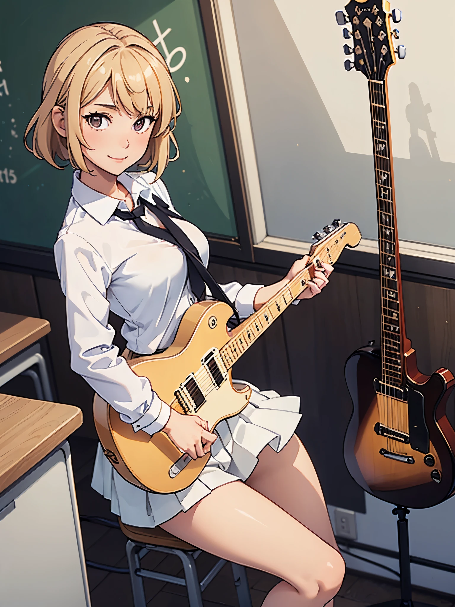 1girl, high school student, suit, white shirt, red ribbon bow necktie, pleaded skirt, miniskirt, bare legs, white socks, brown shoes, blonde hair, medium hair, hazel eyes, beautiful detailed eyes, beautiful detailed face, cute face, slightly large breasts, smile, age 16-18, solo, solo focus, (playing guitar, electric guitar), classroom backdrop, warm lighting, empty classroom