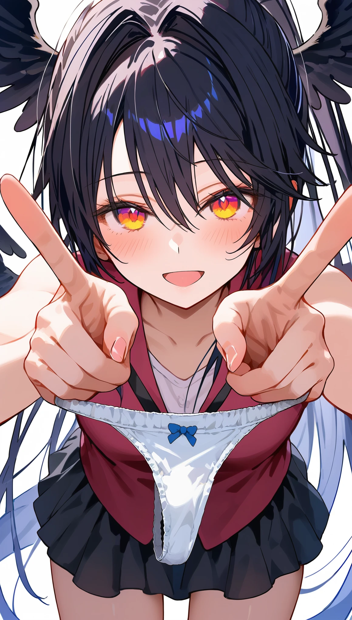 Very detailed eyes and face, Beautiful and delicate eyes, Ridiculous, incredibly ridiculous, File size is huge, Super detailed, high resolution, Very detailed, Dark Fallen Angel Olivia, outstretched hand,(Open your fingers and use your fingers to open your underwear:1.1),(holding up panties around fingers),high ponytail
