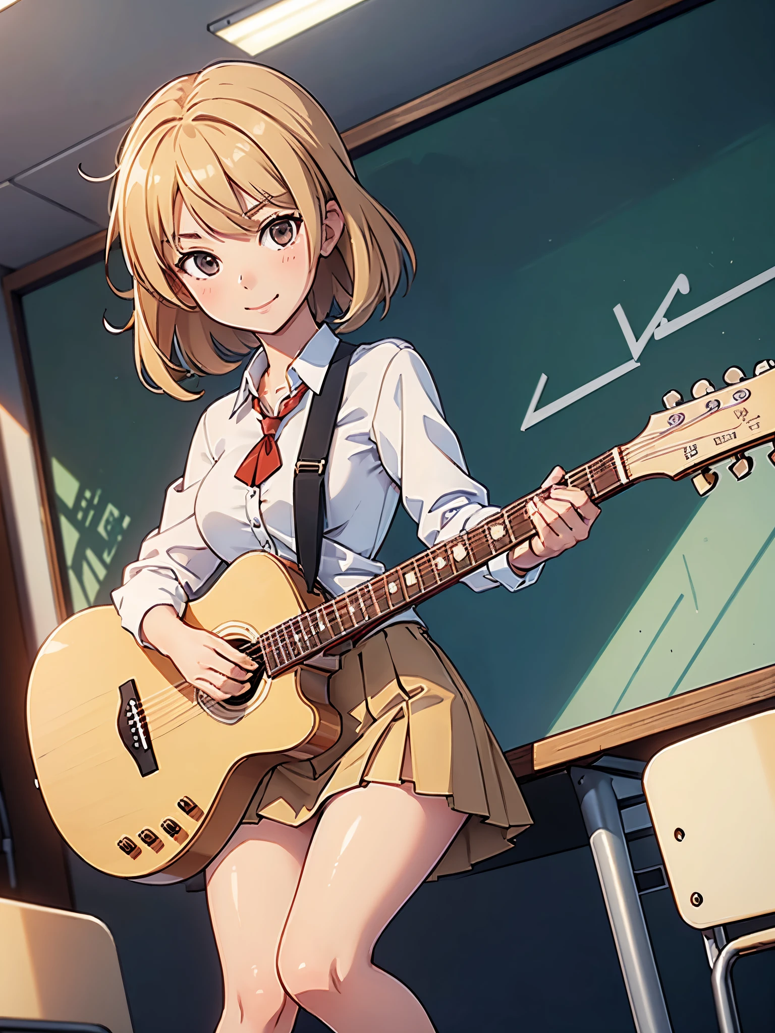 1girl, high school student, suit, white shirt, red ribbon bow necktie, pleaded skirt, miniskirt, bare legs, white socks, brown shoes, blonde hair, medium hair, hazel eyes, beautiful detailed eyes, beautiful detailed face, cute face, slightly large breasts, smile, age 16-18, solo, solo focus, (playing guitar, electric guitar), classroom backdrop, warm lighting, empty classroom