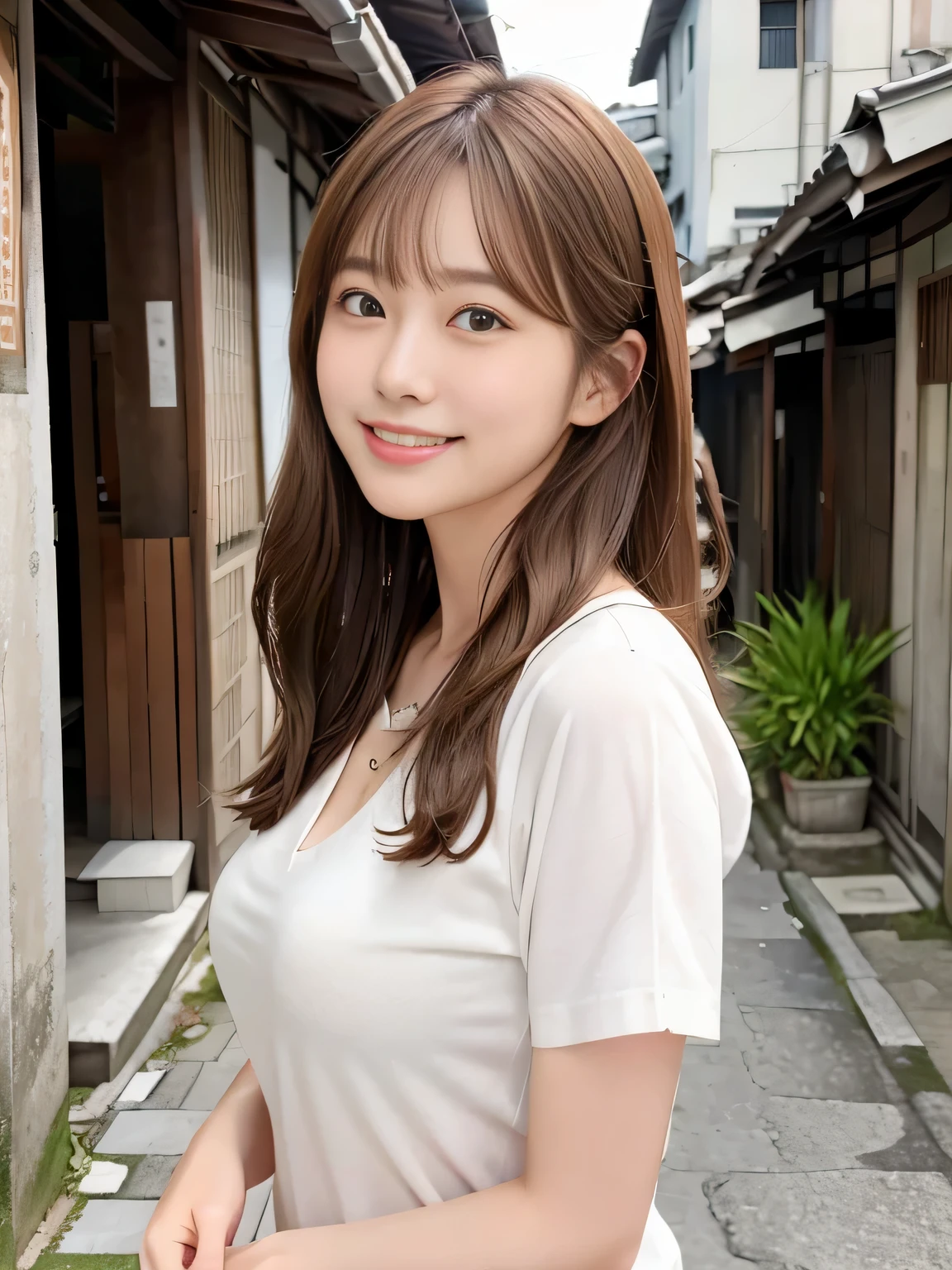 table top、supreme beauty、Beautifully shaped breastasterpiece, 1 girl, solo、thin white shirt、detailed, Depth of the bounds written, 135mm, rough skin, super detailed, high quality, award-winning, 最high quality, High resolution, 8K, white skin,love brown hair、random hair、cute face、big smile、adult beauty、25 years old、1 person per person in Japan、best image quality、超High resolution、8K、dazzling sunlight、delicate pictures、Old back alley in Okinawa、realistic background