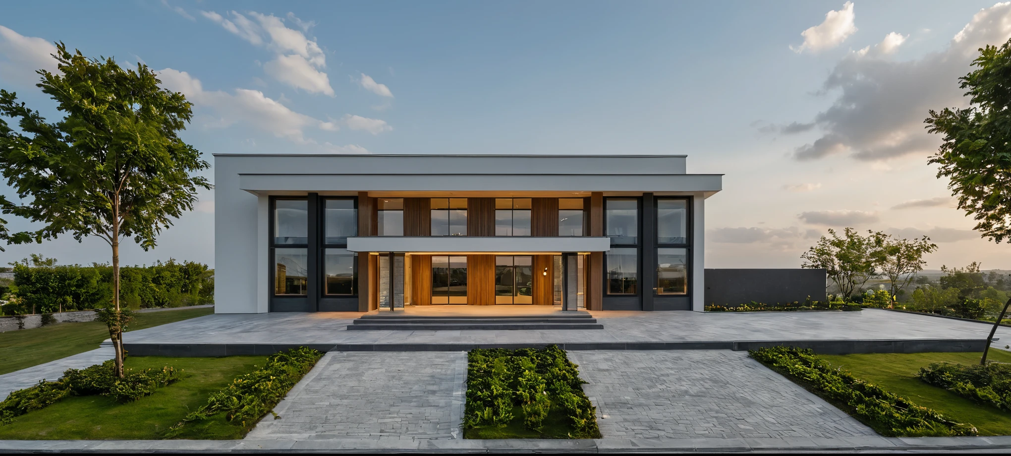 Masterpiece, high quality, best quality, authentic, super detail, outdoors, onestoreyvillaXL, aiaigroup, house style modern on the street ,stairs, white wall ,road,pavement, grass, trees, sky, cloud, (daylight:1.1)