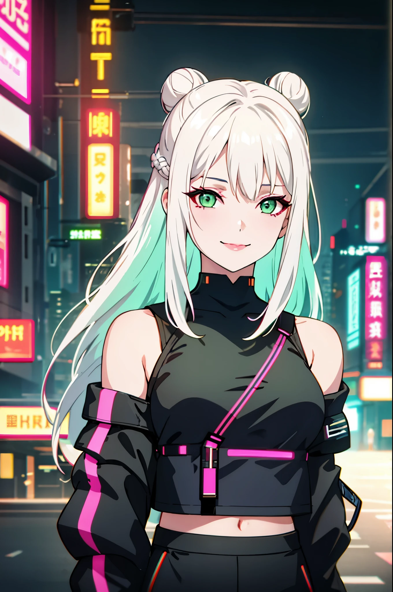 1girl, solo, white hair, hair in two buns, barcode, looking at viewer, lips, chromatic aberration, alluring smirk, long hair, upper body, off shoulder, android, shirt, cyberpunk, glowing green eyes,science fiction, cable,neon lights,(cyberpunk:1.2), looking over shoulder