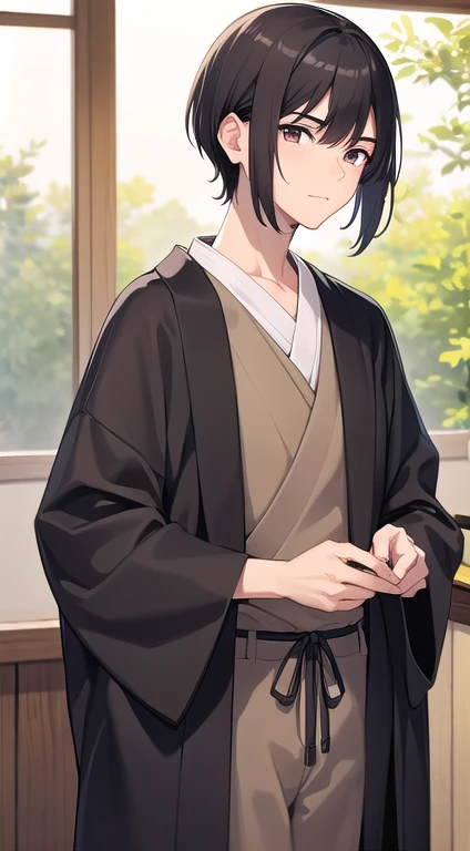 male, Friendly and responsible, Neat short black hair, Warm brown with a warm yet firm gaze, healthy body shape, Locally crafted accessories, A style that skillfully combines Japanese and Western clothing
