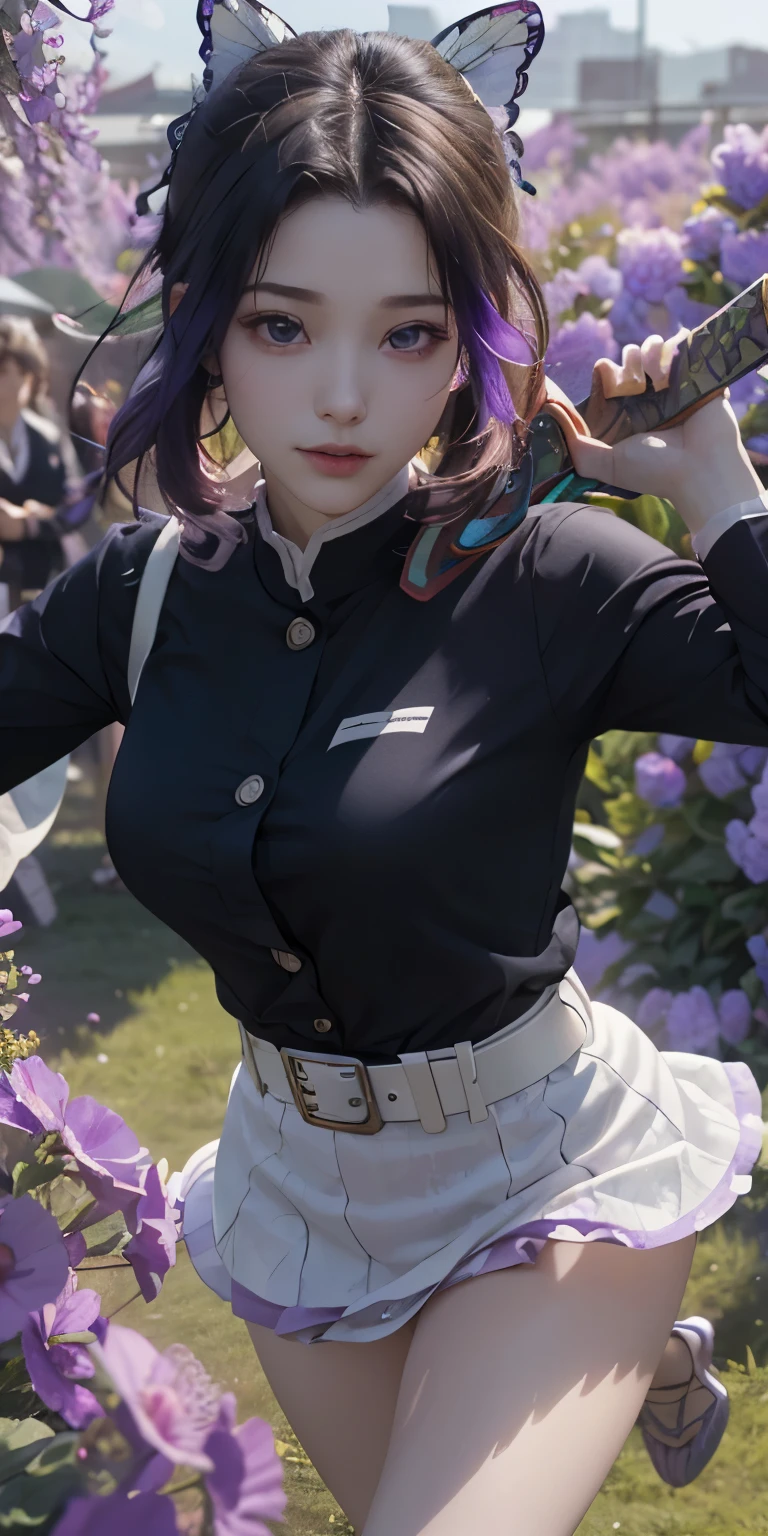 Ultra-realistic 8k CG,white panties:1.4、(Beautiful bikini panties:1.4) masterpiece,(mini skirt生脚white panties:1.4) ,spread legs,show white panties,mini skirt、front、, (weapon in hand: 1.2), (attack: 1.2), beauty, goddess, (生脚white panties:1.3),frontから, face sticking out, (super detailed background, delicate pattern, intricate details)), high quality, highly detailed face, (超mini skirtから見えるwhite panties生脚:1.4)、highly detailed eyes and face, highly detailed eyes, kocho shinobi, colorful hair, No bangs, hair intake, purple eyes, amount, black shirt, black pants (Haori, butterfly, button, belt, (garden: 1.2), purple flowers, Chibi, cloudy null, sunlight, Tyndall effect, exy、Slope_null, face, gorgeous null, Sword at the waist,Ultra-realistic 8k CG, masterpiece,(mini skirt:1.4) close, (weapon in hand: 1.2), (attack: 1.2), beauty, goddess, frontから, face sticking out, (super detailed background, delicate pattern, intricate details)), high quality, highly detailed face, highly detailed eyes and face, highly detailed eyes, kocho shinobi, colorful hair, No bangs, hair intake, purple eyes, amount, black shirt, black pants (Haori, butterfly, button, belt, (garden: 1.2), purple flowers, Chibi, cloudy null, sunlight, Tyndall effect, Slope_null, face, gorgeous null, Sword at the waist,
