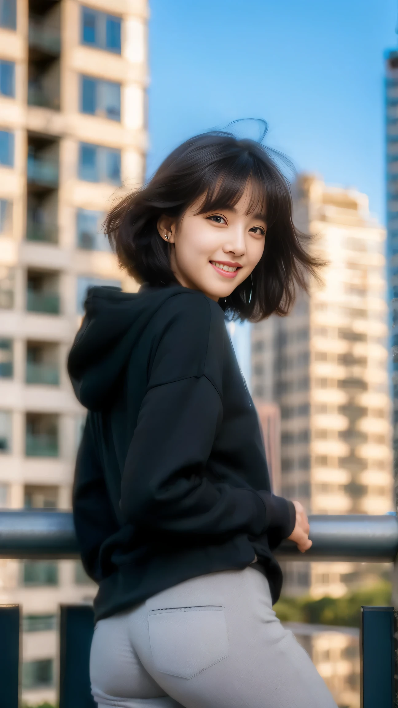 highest quality, real stick, Super detailed, finely, High resolution, In 8K、wallpaper, perfect dynamic composition, beautiful and detailed eyes, black hoodie, bob hair, medium hair, bangs, black haired, middle of chest, natural color lip, The body is facing forward,smile,tower apartment