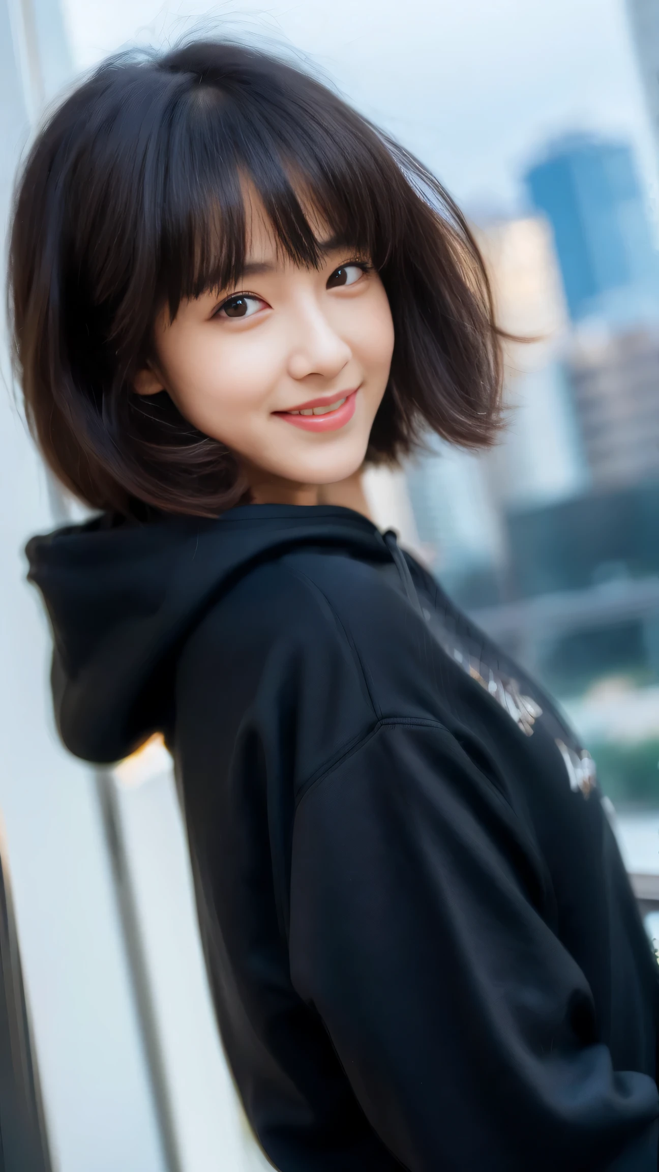 highest quality, real stick, Super detailed, finely, High resolution, In 8K、wallpaper, perfect dynamic composition, beautiful and detailed eyes, black hoodie, bob hair, medium hair, bangs, black haired, middle of chest, natural color lip, The body is facing forward,smile,tower apartment