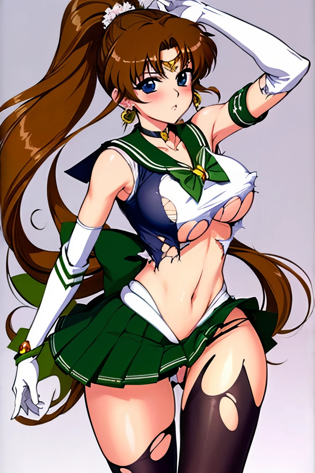 best quality,masterpiece,1igrl, solo, (torn clothes:1.3),  anime style, blush, in subway, 
MakotoKino, (sailor jupiter, bow, elbow gloves, neck ribbon, bangs, long hair, circlet, jewelry, flower earrings, ponytail)
