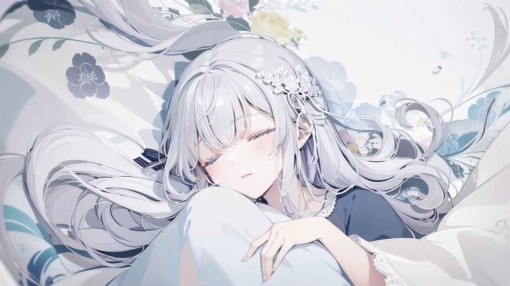 ((masterpiece, best quality))++, Detail lights+,  detail hair+, Detail hand+ ,1 girl, long gray hair,   dark blue eyes,  beautiful eyes, Young gray hair,,(beautiful white hair:1.5),(beautiful eyes),    high resolution+,   ，  Glass tones, Reflective eyeanyery detail wallpaper, The original, ,Headband ，，single ponytail，，Girl sleeping at home，Wear a nightgown，closed eyes