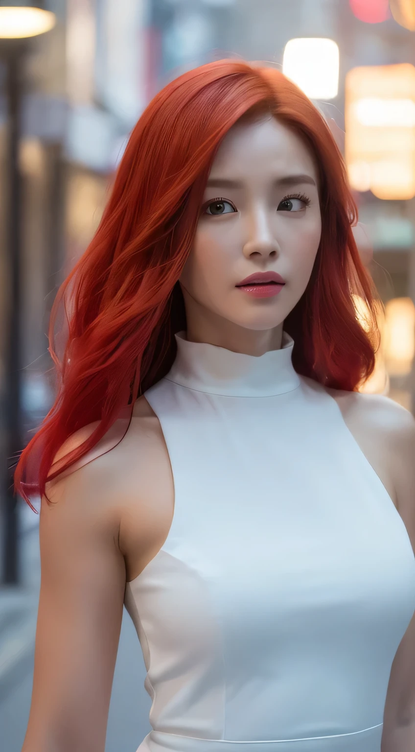 ((realistic lighting, highest quality, 8K, masterpiece: 1.3)), clear focus: 1.2, 1 girl, perfect body beauty: 1.4, slim abs: 1.1, ((bright red hair)), (white aqua dress: 1.4), (outdoor, night: 1.1), city street, super fine face, fine eyes, double eyelid,