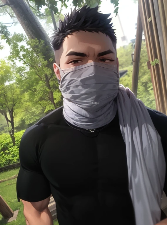 age male, 16yone body, tall, selfie, ultrarealistic, selfie photo, (((topless))), cargo pants, swat white balaclava, best quality, ultra detailed skin, body veins, watch, masculine square face