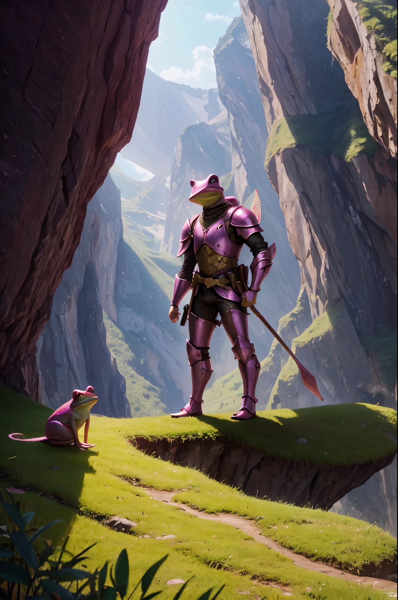 illustration for a fairy tale about a pink frog in armor standing near a cliff