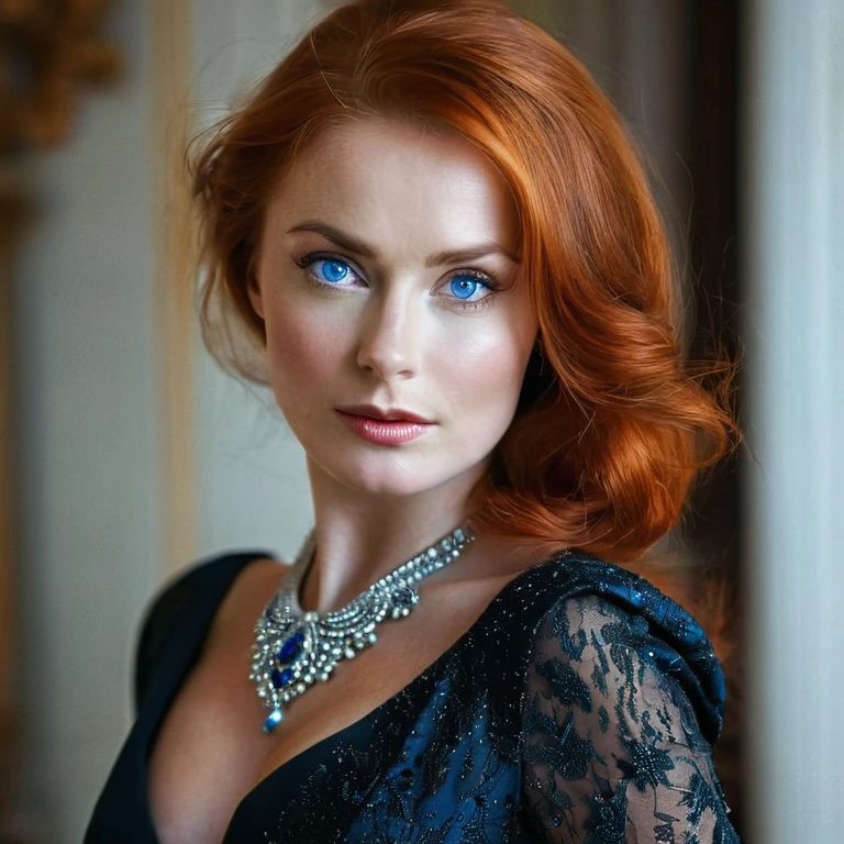 Female, Russian, spy, blue eyes,firey redhead,   ,face to waist portrait,sexy,hot, seductive,formal yet sexy dress, masterpiece,cold war era