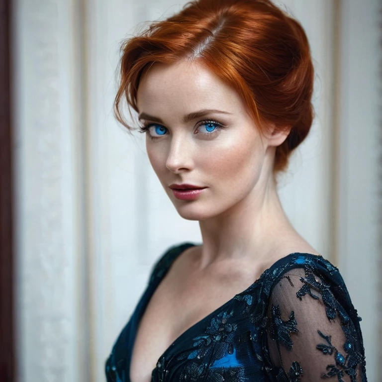 Female, Russian, spy, blue eyes,firey redhead, ,face to waist portrait,sexy,hot, seductive,formal yet sexy dress, masterpiece,cold war era
