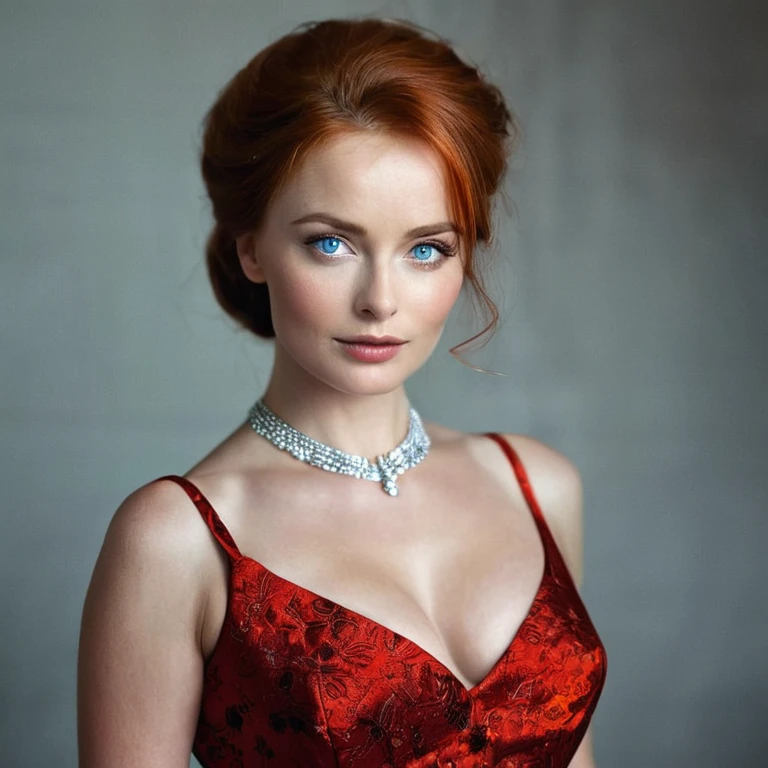 Female, Russian, spy, blue eyes,firey redhead,   ,face to waist portrait,sexy,hot, seductive,formal yet sexy dress, masterpiece,cold war era