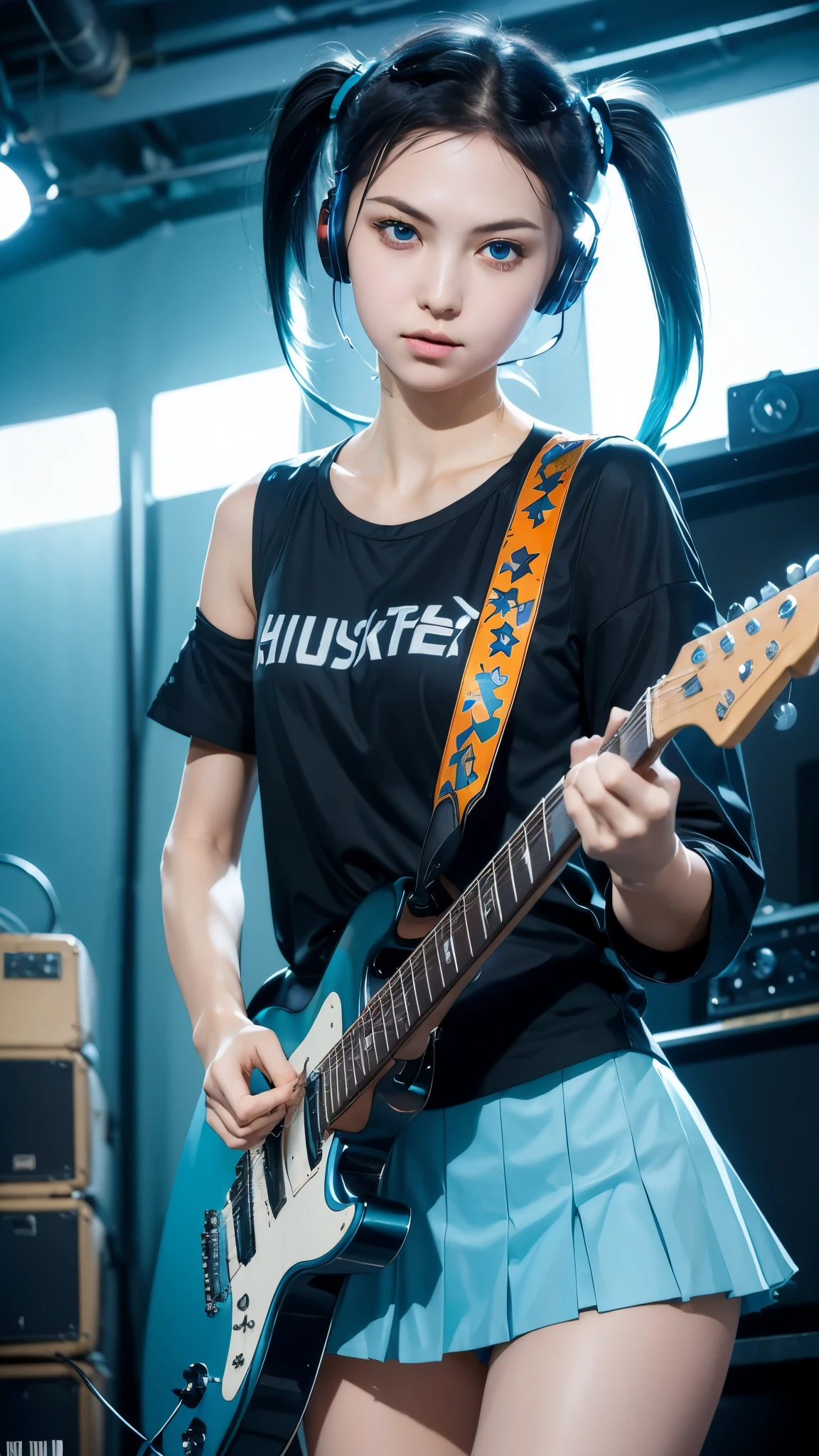 ((masterpiece, best quality))1girl, solo, black dress, blue eyes, electric guitar, guitar, headphones, double ponytail, holding, holding plectrum, instrument, long hair, music, one side up, teal hair, twin tails, playing guiter, pleated skirt, black shirt, interior