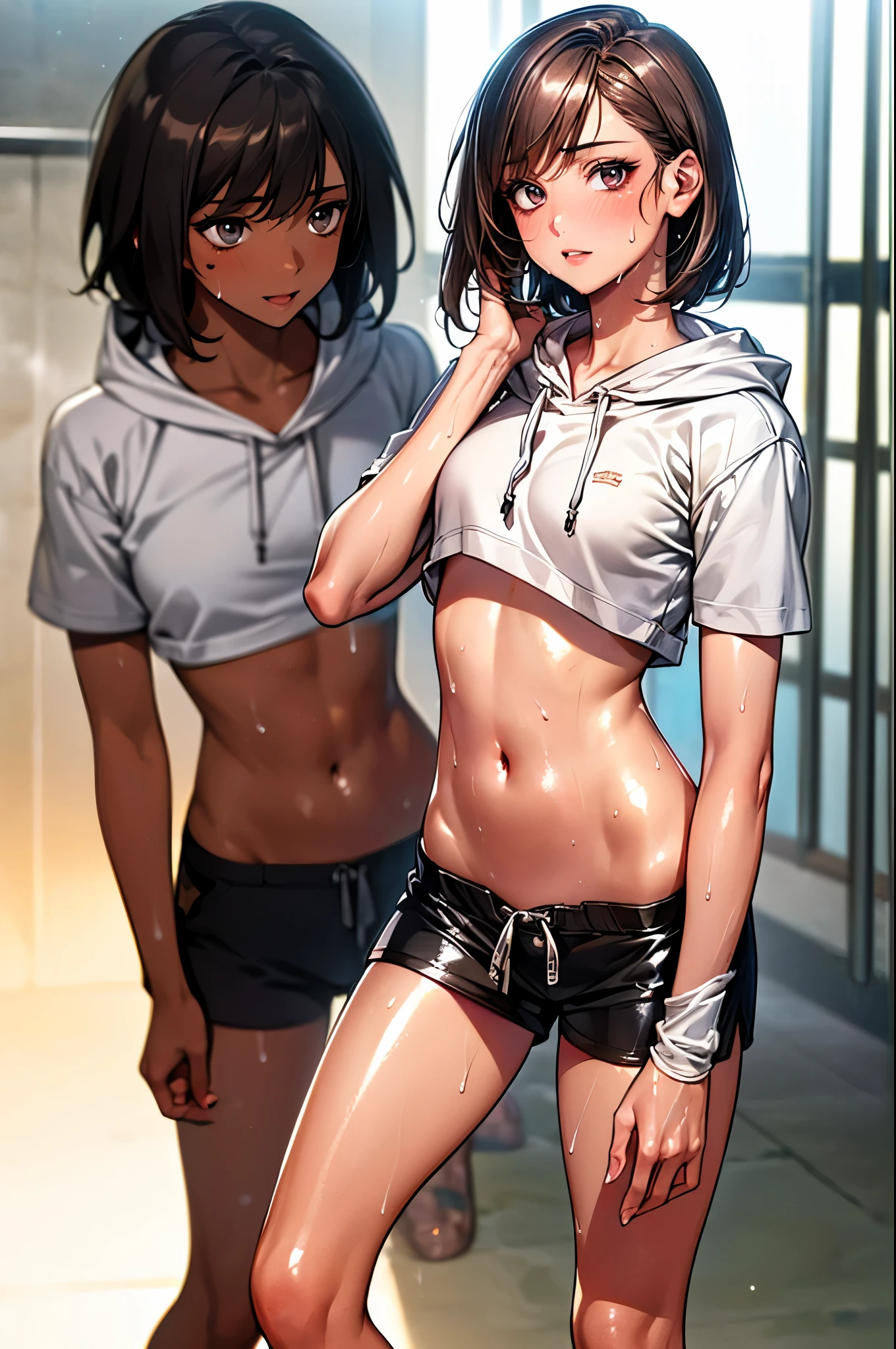 ((perfect anatomy:1.5,realistic:1.3,RAW Photography:1.3,masterpiece、highest quality、Ultra - High resolution、High resolution、Highly detailed CG、8K)),cowboy shot,1 female,solo,hip hop dancer,18-year-old、High school girl beautiful girl,Japanese,((beautiful detailed face and eyes:1.2,big gorgeous eyes:1.2,gray eyes)),dark brown hair,short bob hair,bangs,medium breasts,slender body,small head:1.3,skinny,(oily skin,gleaming skin,shiny skin、sweat:1.7),(dancing:1.5),((HIP-HOPファッション、white hoodie sweatshirt、crop top、navel、black micromini shorts)),sneaker shoe,sitting,dance studio,Tokyo、