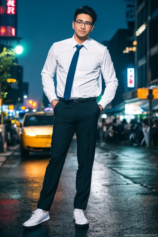 ((1 oriental male, big bumps, stubble)). ((A 30-year-old muscular man wearing glasses)), a short reflective windbreaker, long-sleeved white shirt and tie, and leather shoes. Full body, soft lighting. In the city of neon lights and TV walls.(masterpiece, Best quality), 8K UHD, Digital SLR, filmgrain, (super detailed color, surreal), Fujifilm XT3 photorealistic painting art