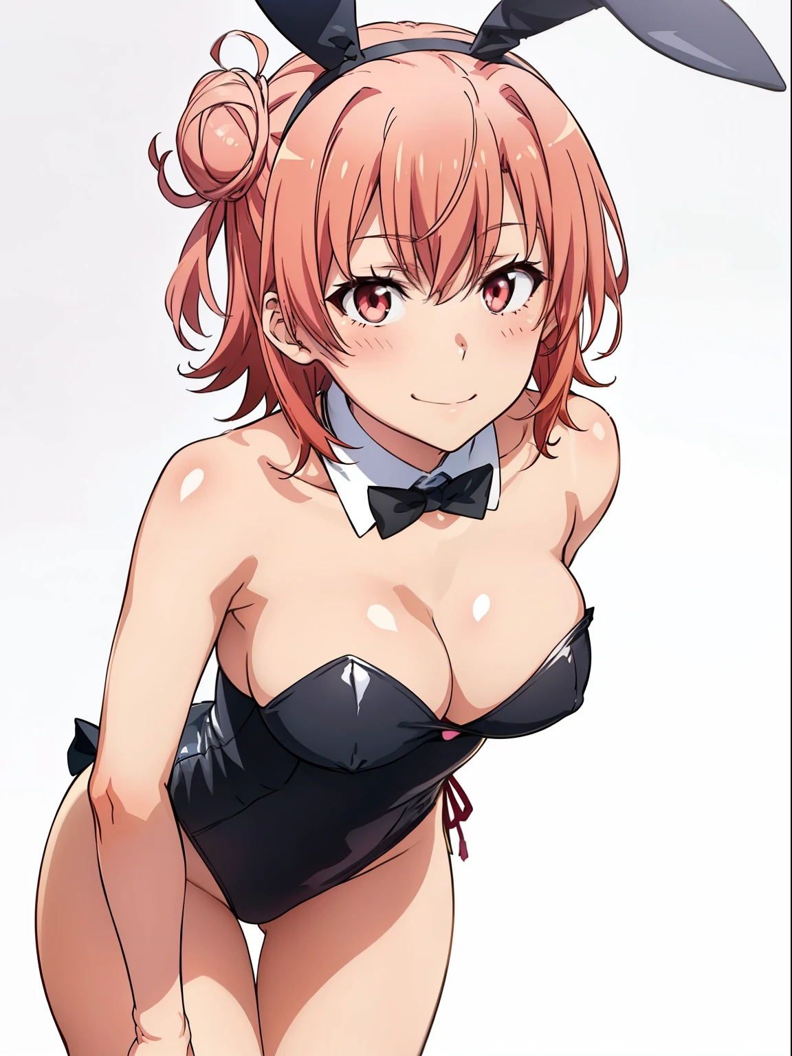 ((masutepiece, Best Quality, hight resolution, nffsw, Perfect Pixel, depth of fields, 4K, )), 1girl in, Solo, , Beautiful anime girl, Beautiful Art Style, close up, Looking at Viewer, Perfect body, Yuigahama Yui, Short hair, single hair bun, pink hair, (large boob), Full face blush, Smile, thighs thighs thighs thighs, black playboy bunny, white background, Leading Ahead, hands on ass, bent over, Cowboy Shot, Focus,