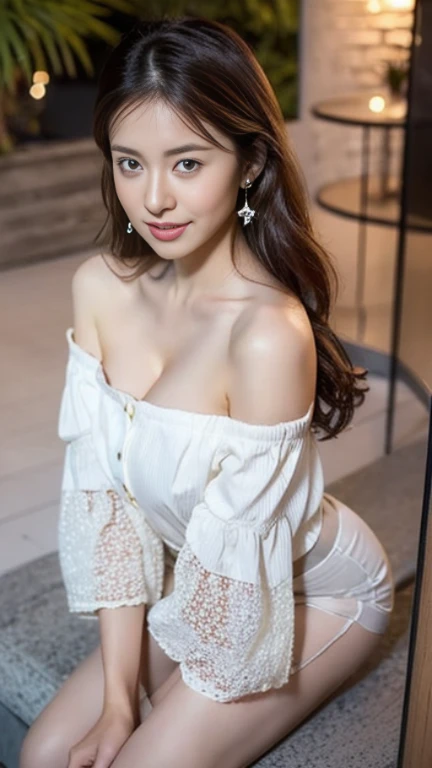 (masterpiece:1.3), High resolution, super detailed, Highly detailed CG Unity 8K wallpaper, realistic, photo-realistic, Raw photo, beautiful and detailed face, pale skin, realistic glistening skin, fine cloth texture, detailed hair texture, perfect style, beautiful face, Accurate, anatomically correct, Highly detailed face and skin texture, natural neck length, (wet body, wet hair:1.1),
break
Detailed eyes, symmetrical eyes, brown eyes, double eyelid, thin eyebrows, (sexy lips:1.3), (Smile:1.2), (blush:1.2)
break,
((innocent and cute girl:1.3)), ((She is wearing an off-shoulder white blouse:1.4)), (gold buckle belt), (skinny jeans:1.2), (cross strap high heels:1.2), (necklace, bracelet), (slim hoop earrings), (Pinky ring), (beautiful blue nails:1.2),
layered hairstyles, (brown hair:1.2), (wavy hair:1.2), medium long hair, (big breasts, firm chest, well-shaped chest:1.1),
break,
((stand until it closes:1.4)), ((looking up at the viewer:1.2)),
((close up shot:1.2)), (focus on face:1.2), (From above:1.2), (Outdoors on a stylish beachside terrace), ((View of the night sky with lots of stars and a big full moon shining brightly:1.3)),
