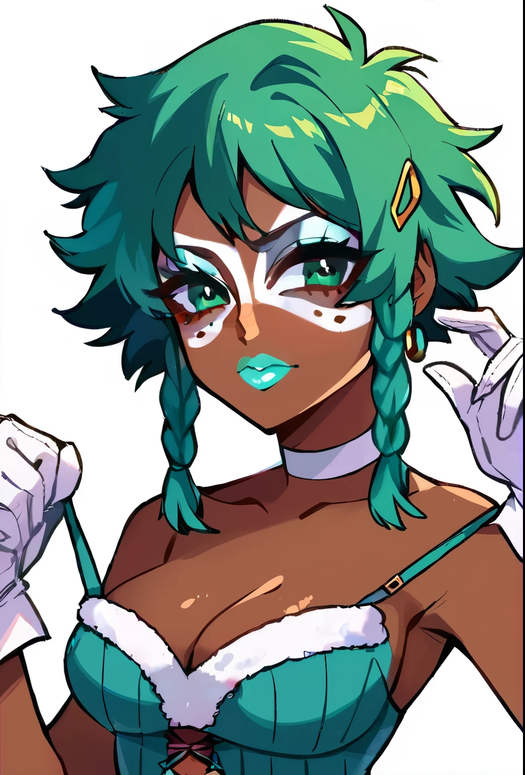 Score_9, score_8_up, score_7_up, score_6_up,  ganguro, source_anime, 1girl, solo, white background, abstract rectangular background, upper body, looking at viewer, BREAK, cyan highlights, hoop earrings, BREAK, cyan lips, dark skin, makeup, eyeshadow, cyan dress, cyan ribbed sweater, fur trim, bare shoulders, off shoulder, white choker, hairclip, (cleavage, laced white bra, long braid),  izuku midoriya, midoriya izuku, short hair, (green eyes:1.3), green hair, messy hair, freckles, gloves, belt, white gloves, bodysuit, mask, green bodysuit,