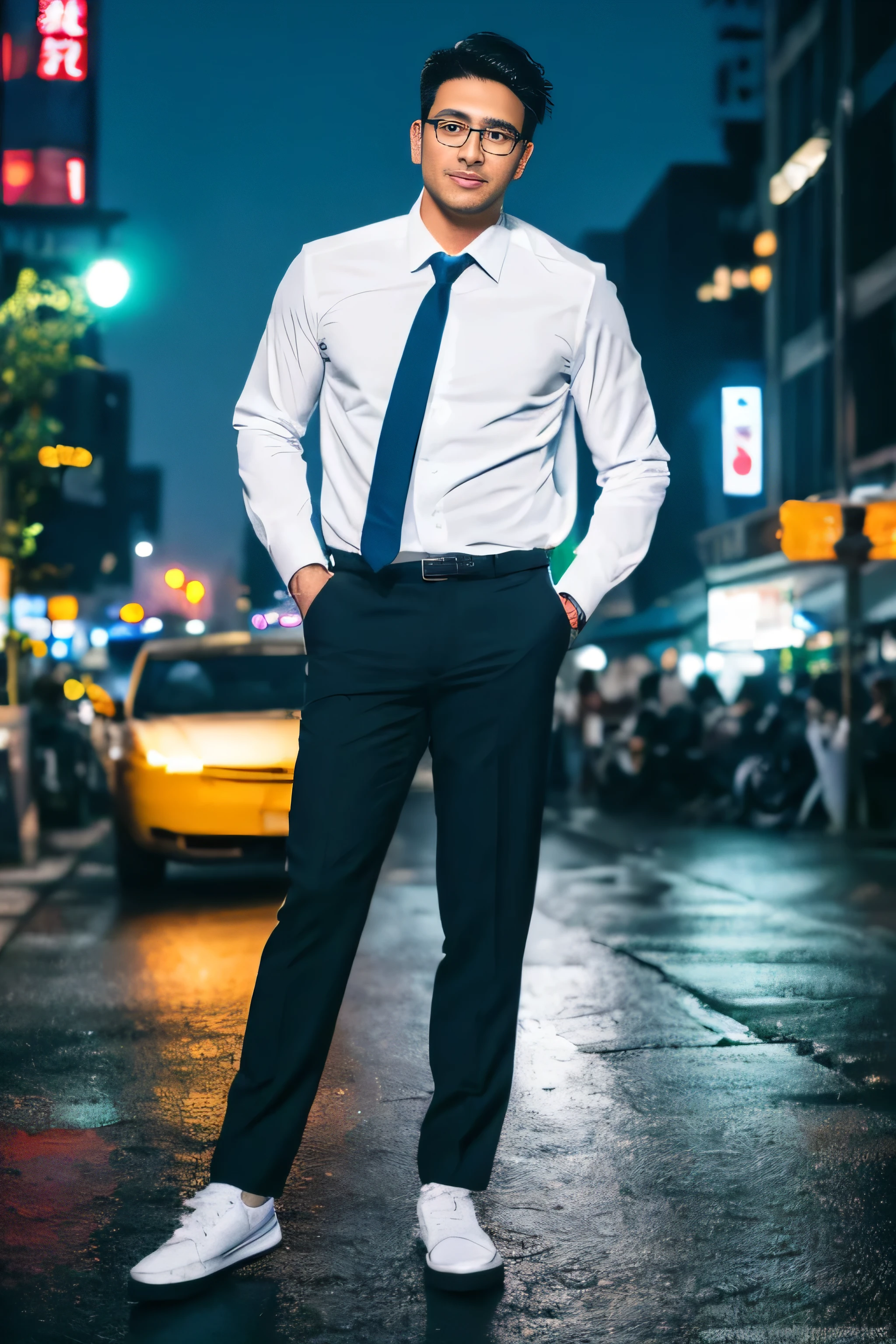 ((1 oriental male, big bumps, stubble)). ((A 30-year-old muscular man wearing glasses)), a short reflective windbreaker, long-sleeved white shirt and tie, and leather shoes. Full body, soft lighting. In the city of neon lights and TV walls.(masterpiece, Best quality), 8K UHD, Digital SLR, filmgrain, (super detailed color, surreal), Fujifilm XT3 photorealistic painting art