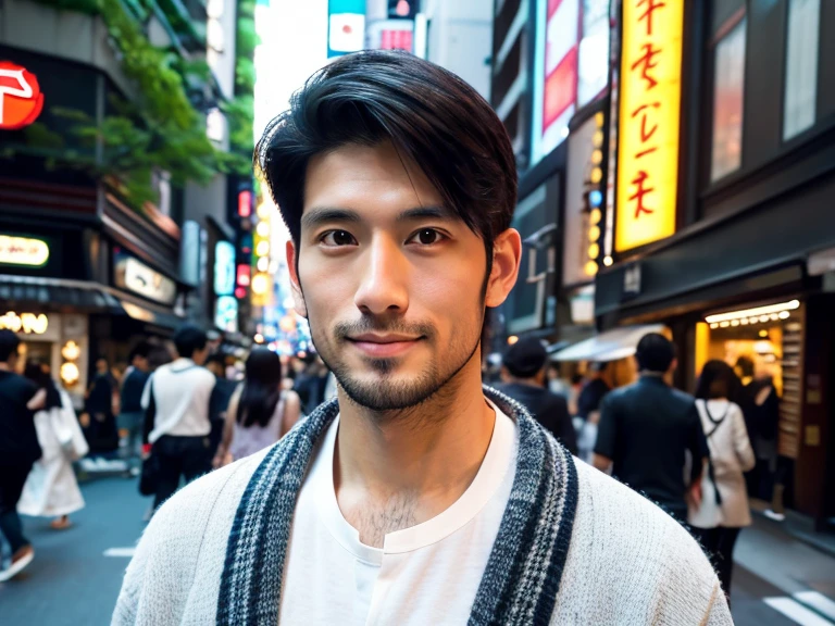 Realism, 8K full body portrait, A handsome Japanese guy, 30-year-old man, charming expression, Detailed facial details, Clean shaven chin, no beard,Tokyo Ginza, Roppongi, Shibuya background,