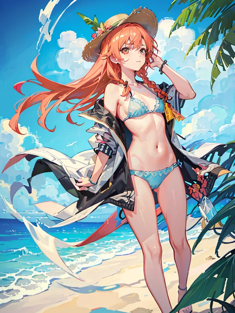 (best quality,4k,8k,highres,masterpiece:1.2),(realistic,photorealistic:1.37),a girl enjoying a sunny day at the beach, golden sand between her toes, seagulls flying overhead, vibrant swimsuit matching the turquoise ocean, sun-kissed skin glowing under warm sunlight, straw hat shading her face, colorful beach accessories adorning her wrist, comfortable beach towel, tropical cocktail with a tiny umbrella, refreshing breeze, waves crashing on the shore, palm trees swaying gently in the wind, capturing carefree and relaxing atmosphere of a perfect beach day.