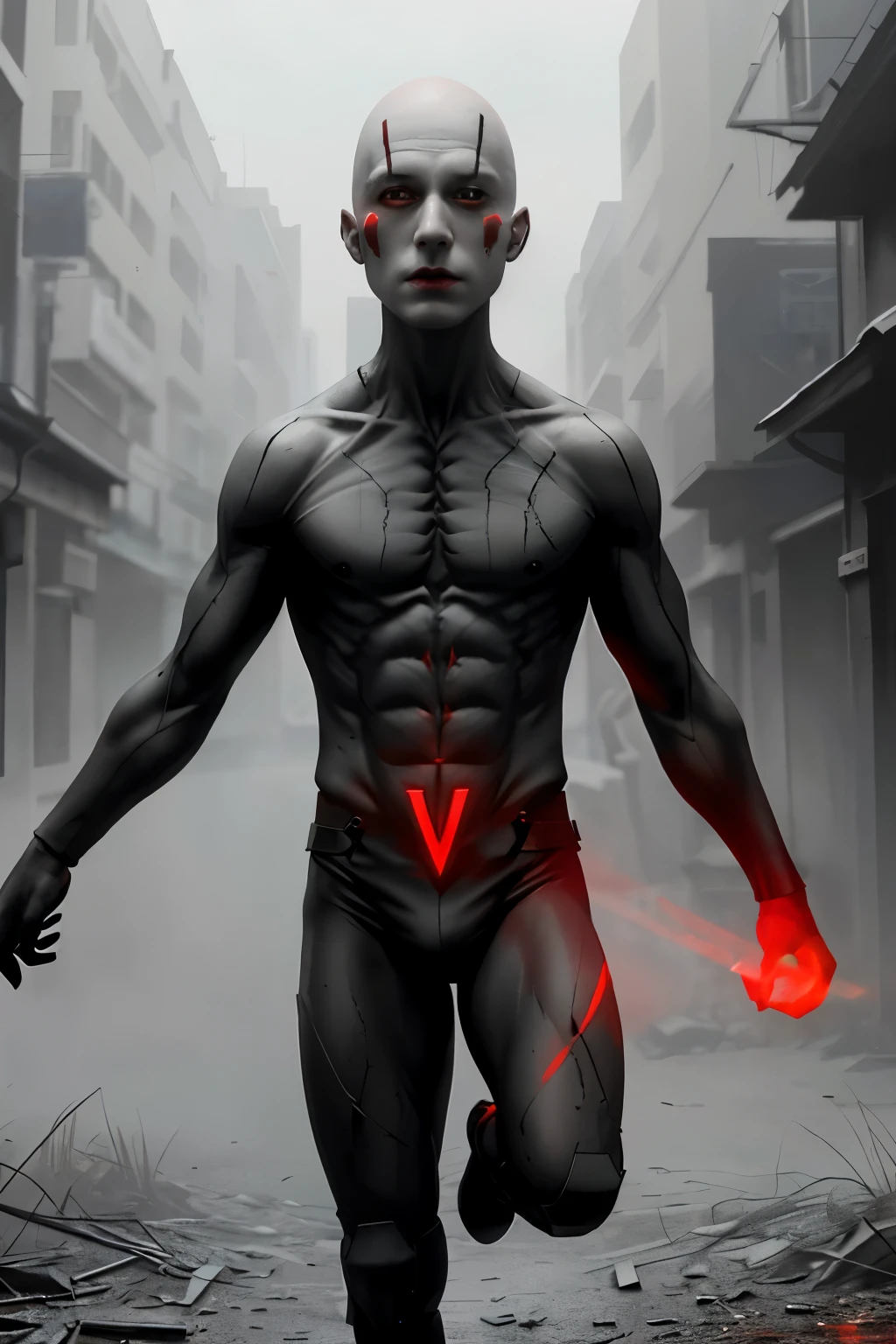 A small bald figure, completely hairless and with a scary pale face, captures attention with his piercing red glowing eyes. Despite standing on only one leg, the portrayal remains realistic and cinematic, immersing viewers in its compelling presence.