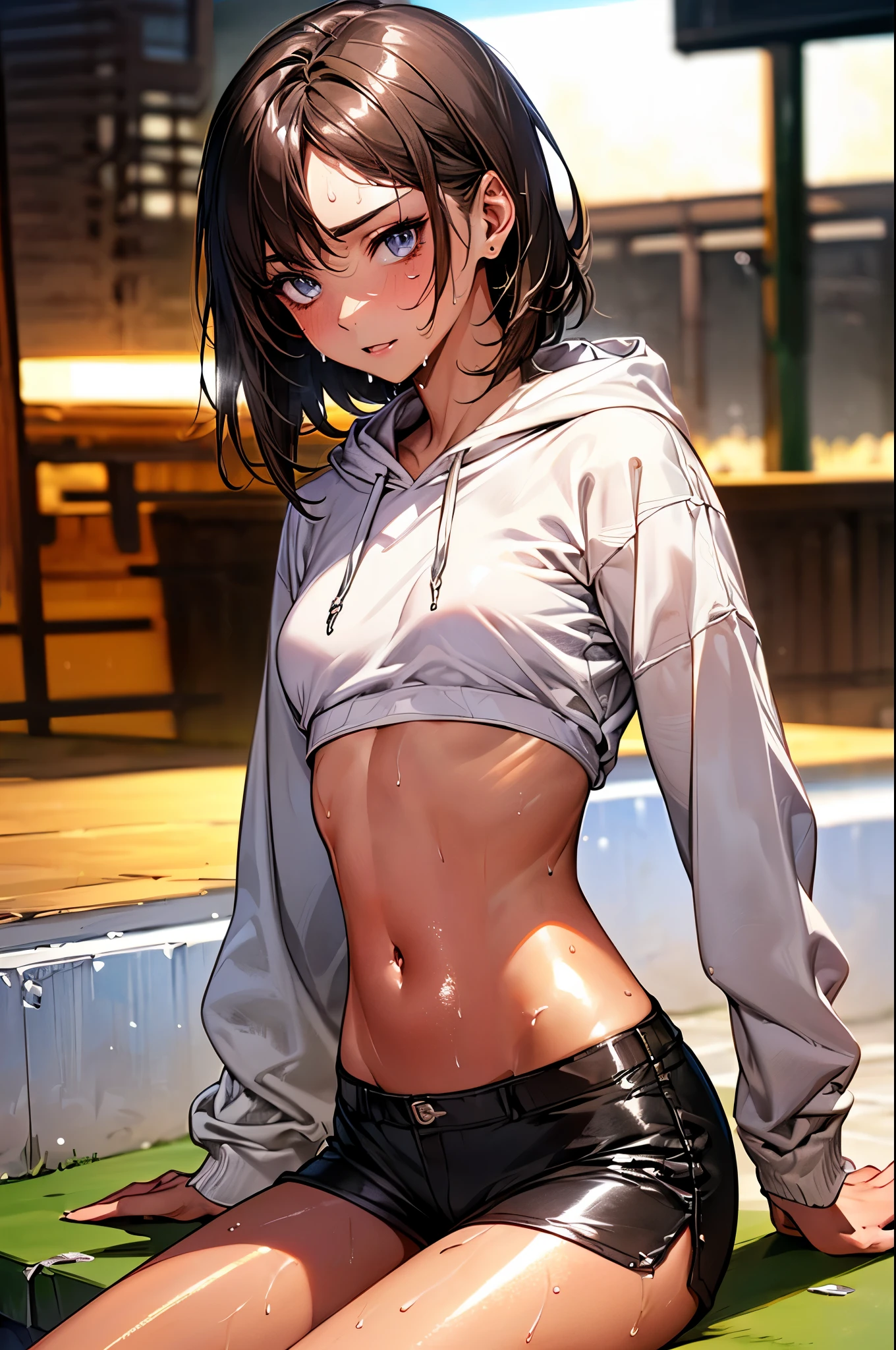 ((perfect anatomy:1.5,realistic:1.3,RAW Photography:1.3,masterpiece、highest quality、Ultra - High resolution、High resolution、Highly detailed CG、8K)),cowboy shot,1 female,solo,hip hop dancer,18-year-old、High school girl beautiful girl,Japanese,((beautiful detailed face and eyes:1.2,big gorgeous eyes:1.2,gray eyes)),dark brown hair,short bob hair,bangs,medium breasts,slender body,small head:1.3,skinny,(oily skin,gleaming skin,shiny skin、sweat:1.7),((HIP-HOPファッション、white hoodie sweatshirt、crop top、navel、black micromini shorts)),sneaker shoe,sitting,dance studio,Tokyo、