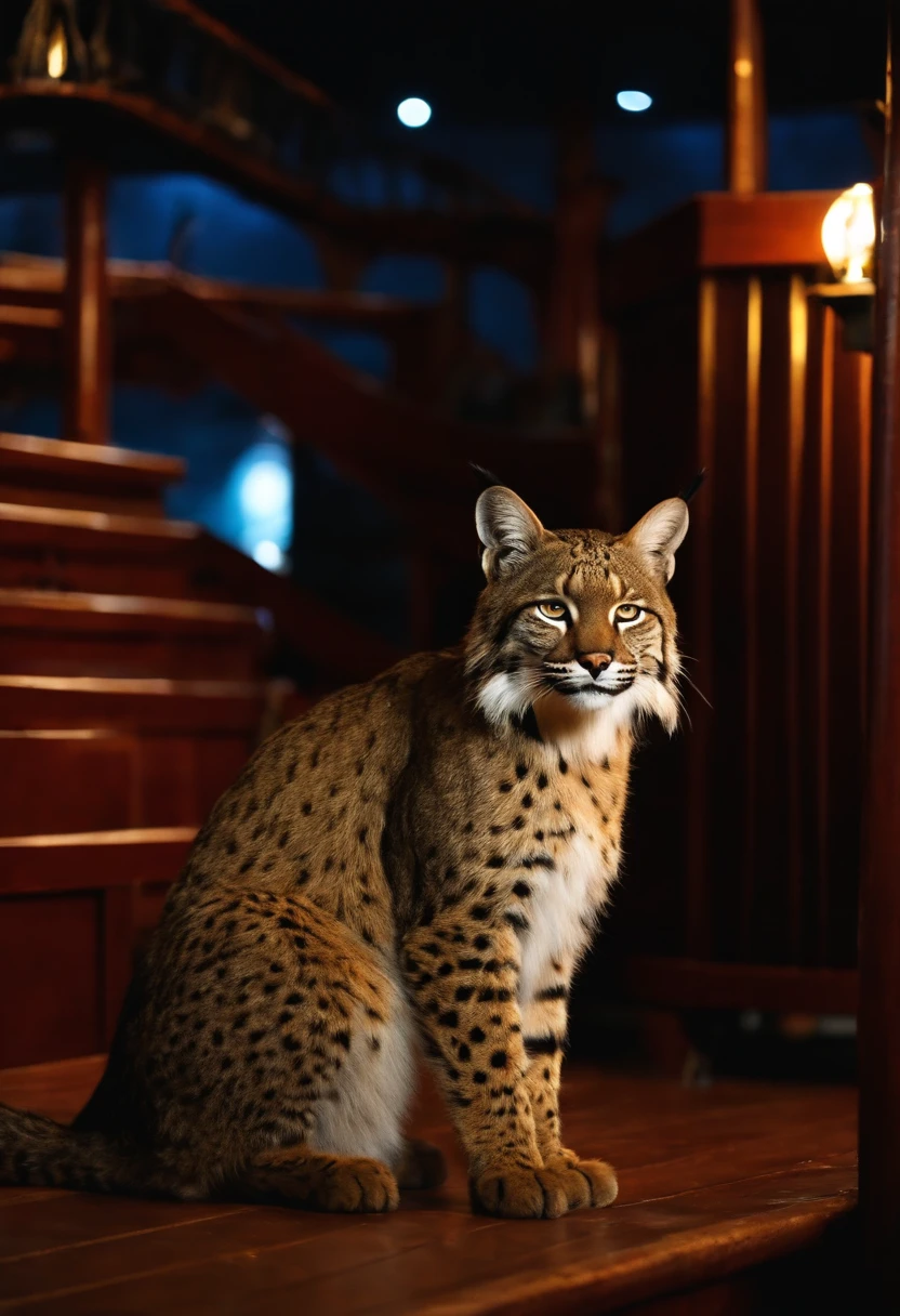 Bobcat, on pirate ship floor, at the main deck of ship, night time.