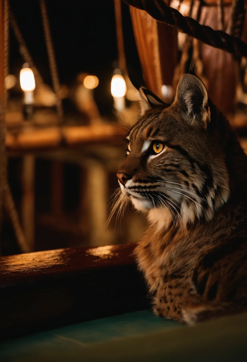 Bobcat, on pirate ship floor, at the main deck of ship, night time.