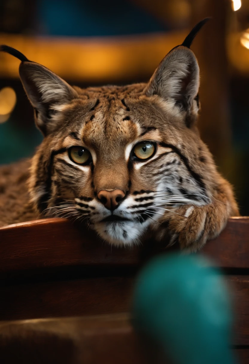 Bobcat, on pirate ship floor, at the main deck of ship, night time.