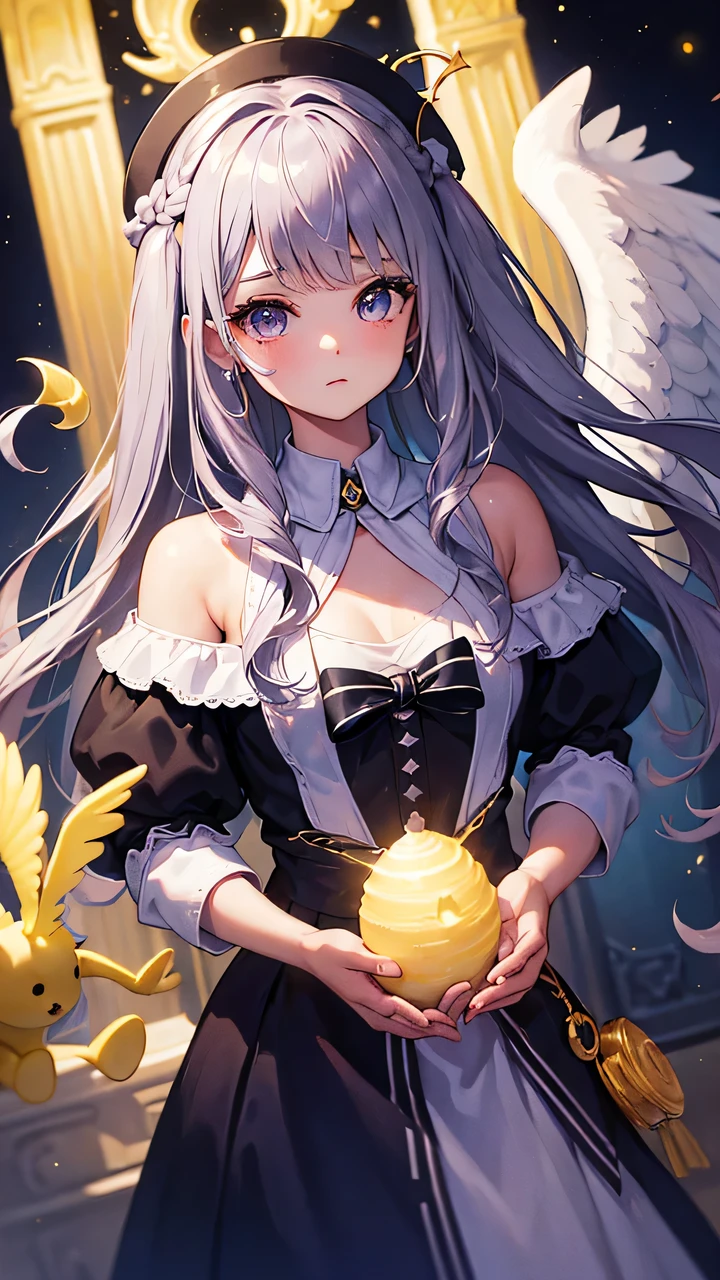 ((Mejor calidad)), ((obra maestra)), (detallado), cara perfecta, ojos perfectos, magical girl, chica angelical, cabello negro, cuerpo completo, poor light, light particles, noche, vestido hermoso, nostalgia