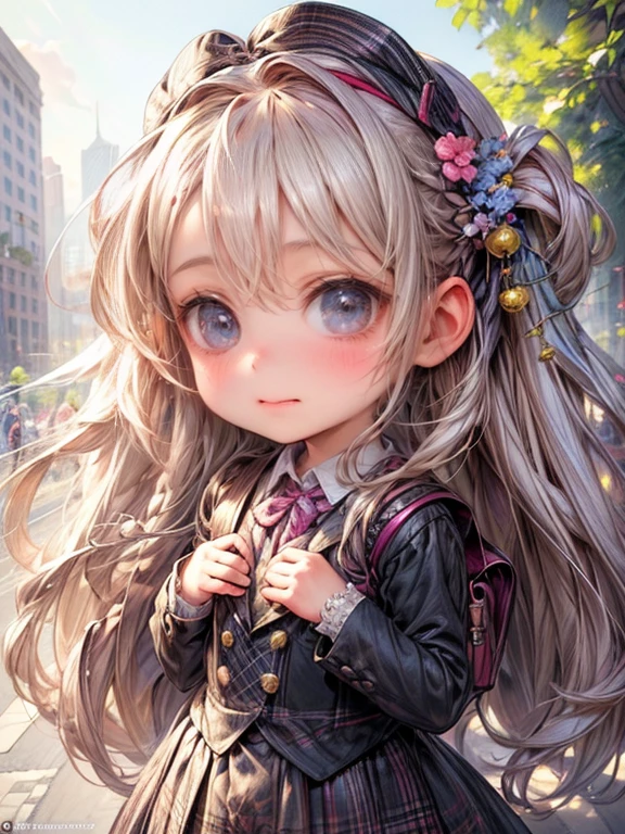 masterpiece:1.2, highest quality:1.2, 8k, CG, photorealistic:1.37, delicate detailed:1.8 (eyes, pupils, lips, face, hair, hand, skin), soft touch illustration, platinum blond, braid, little cute girl (chibi:1.4), A girl wearing a blazer and a plaid mini skirt and thighhigh. The girl has beautiful detailed eyes and lips, and a long eyelashes. The scene is set in a garden, with vibrant colors and sharp focus. The artwork is of the highest quality, with ultra-detailed elements and a realistic style. The lighting is soft and natural, enhancing the overall atmosphere, walking to school, colorful backpack, cheerful expressions, morning sunshine, busy city streets, , morning rush, friends chatting, bustling crowd, tall buildings, crossing the road, street vendors, honking cars, bike lanes, green trees, book in hand, happy memories, laughter, fresh air, school gate, anticipation, learning journey, busy classrooms, knowledge, growth