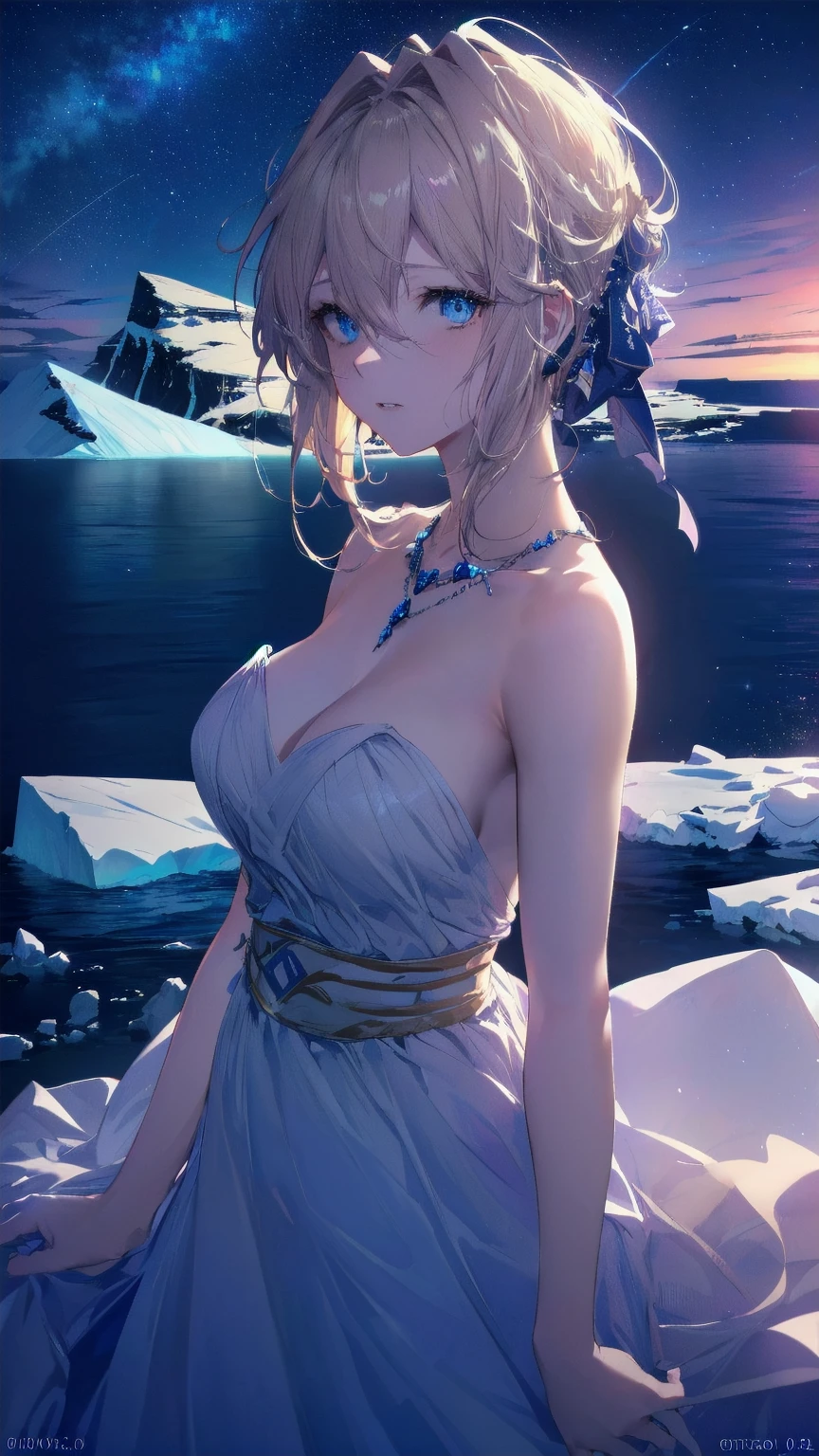 Violet Evergarden, 1 girl, solitary, Check viewers, blue eyes, blonde hair, greek clothing, spectacular starry sky, naked, Staring at the audience, Big breasts, Flying in the starry sky. (best quality, 4K, 8K, high resolution, masterpiece:1.2), Super detailed, (actual, photoactual, photo-actual:1.37), high dynamic range, ultra high definition, studio lighting, Ultra-fine coating, sharp focus, Physically based rendering, extremely detailed description, professional, bright colors, Bokeh, portrait, Purple tone, ethereal lights,(((Very attractive：2.0)))，(((Antarctica in the background)))，(((Bejeweled Greek Dress)))，