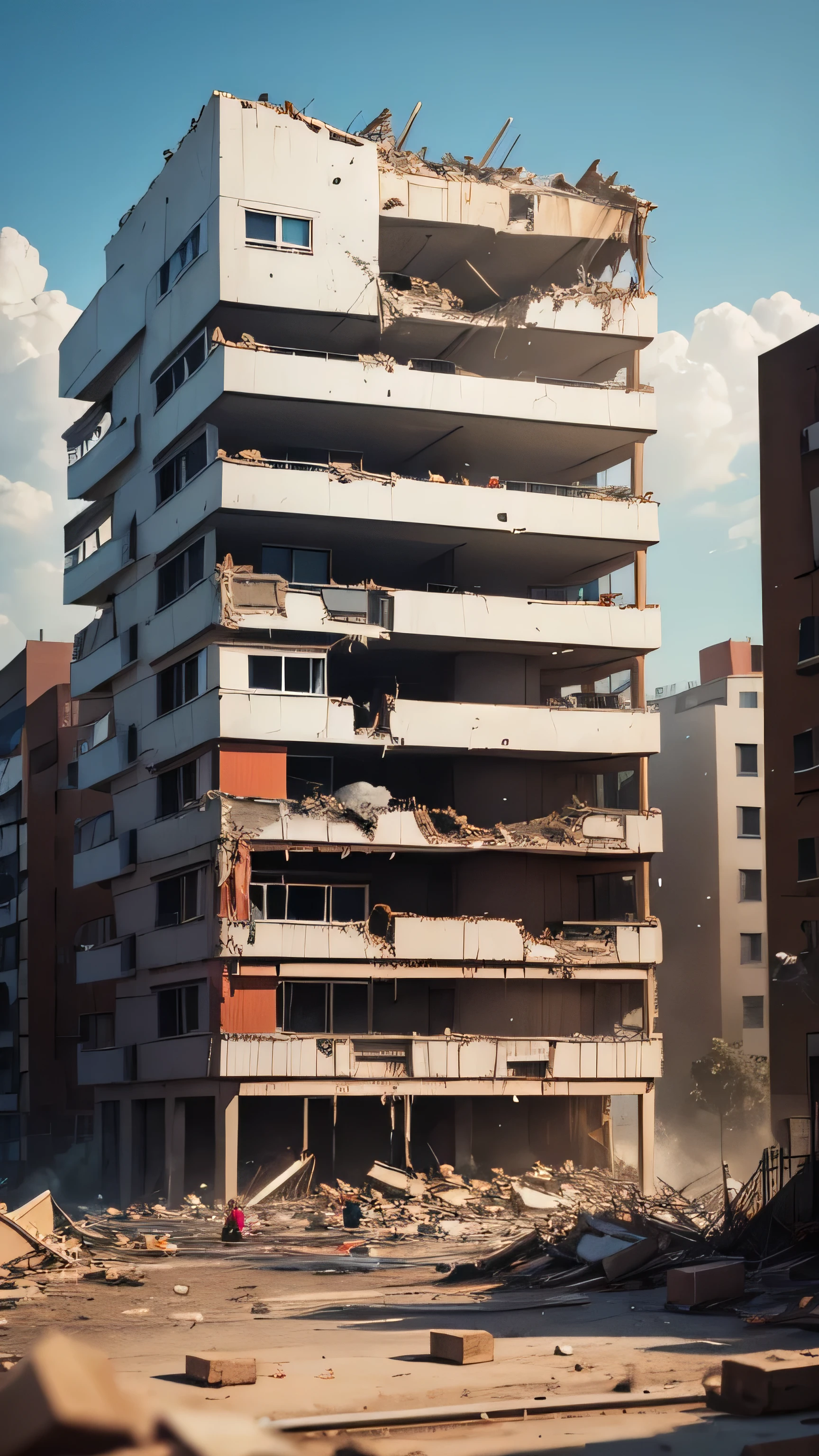 multi-storey apartment collapsed, destroyed, collapsed, broken, fell , 8k