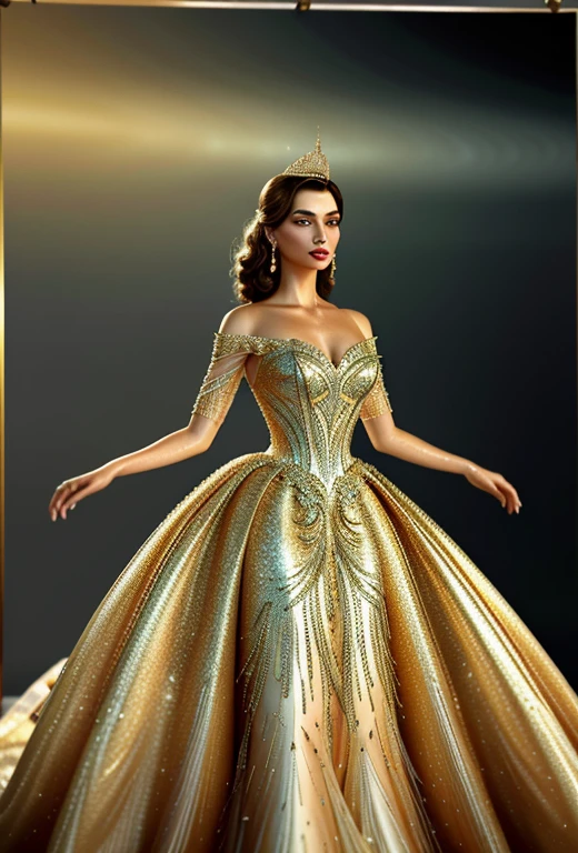 An awe-inspiring 3D render of a classic Hollywood diva, exuding old Hollywood glamour while posing in a stunning vintage-inspired gown. The gown is adorned with exquisite feathers and sparkling accessories that create a dazzling effect. The background features a soft, warm, golden hue that highlights the diva's radiance. The overall atmosphere is reminiscent of a glamorous movie poster or a timeless painting, capturing the essence of timeless beauty and elegance., photo, painting, poster, fashion, 3d render