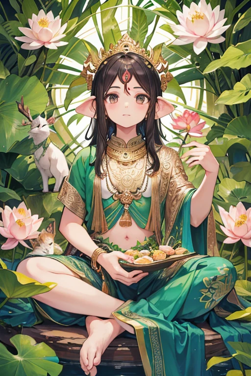 This wallpaper could depict Ganesha sitting peacefully amidst a lush green forest. You can include various elements of nature such as trees, flowers, and animals like deer, birds, and butterflies surrounding him. Ganesha can be shown holding a lotus flower or a small animal, symbolizing his connection with nature and wildlife.
