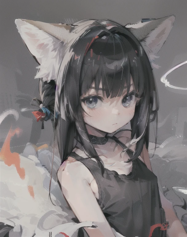 1 girl, Black hair, calm face, blue eyes, wearing a tank top, dog ears, red face, small, childish, cute, bedroom background.