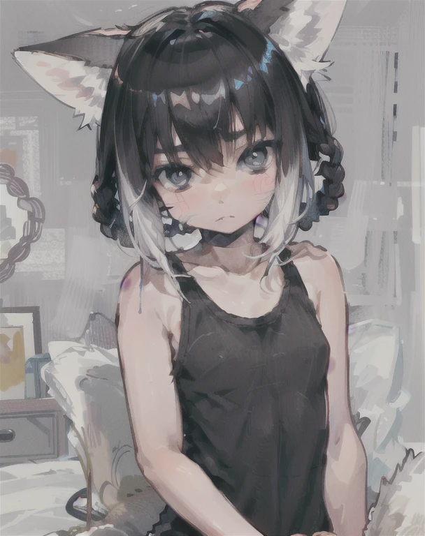 1 girl, Black hair, calm face, blue eyes, wearing a tank top, dog ears, red face, small, childish, cute, bedroom background.